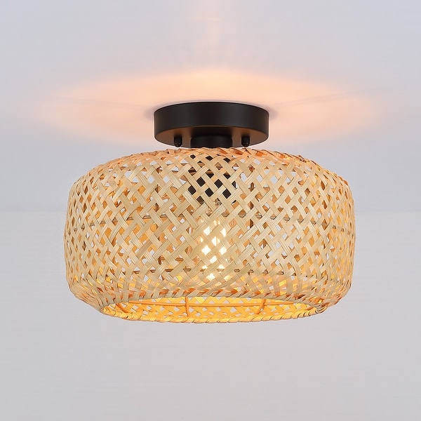 1Light Bohemian Bamboo SemiFlush Mount Ceiling Light D12"x H8.1